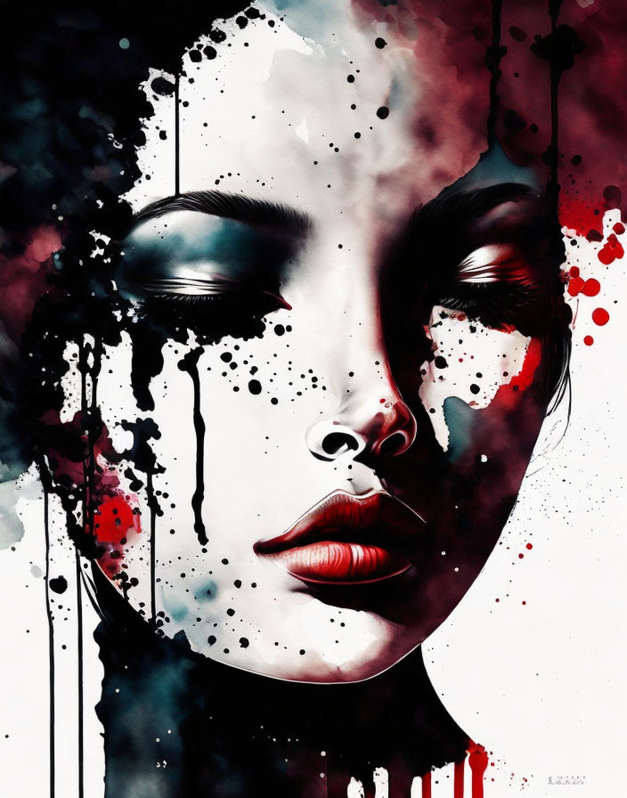 Abstract portrait with black and red splashes on white background