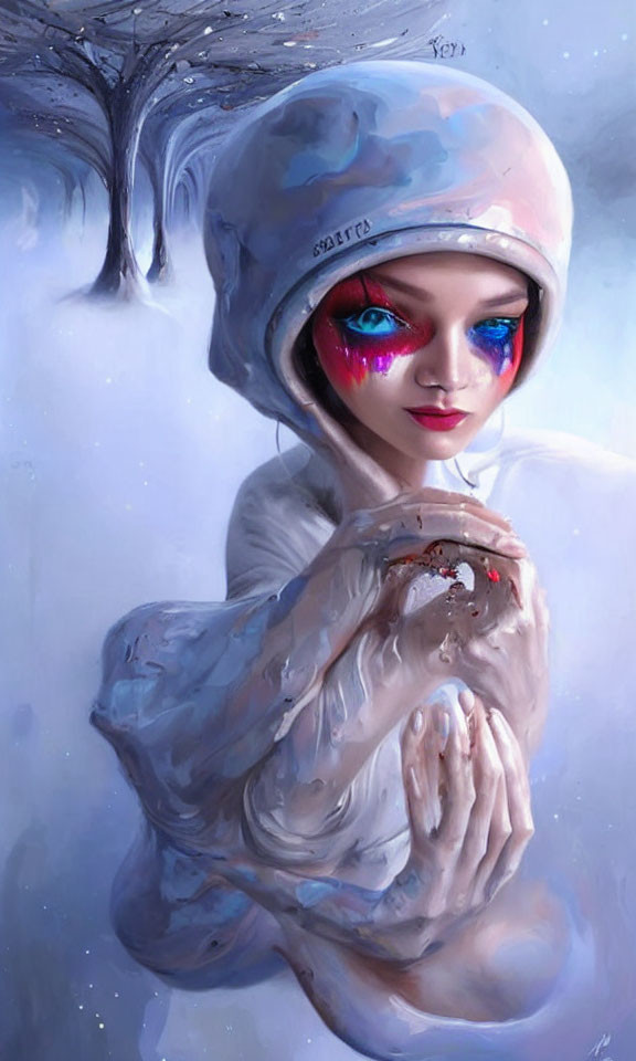 Digital painting of person with expressive blue eyes in 'toy' helmet holding mechanical heart on snowy backdrop