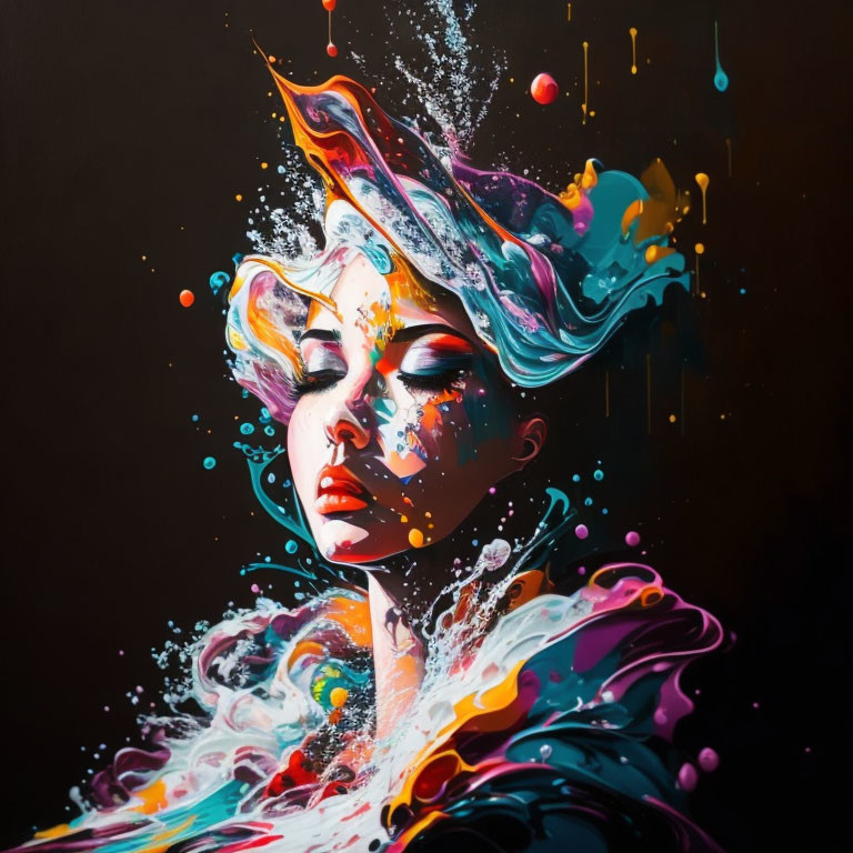 Colorful liquid swirls around woman in vibrant artwork