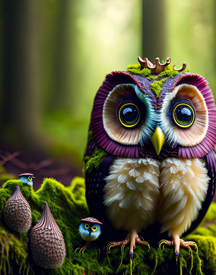 Whimsical owl with crown of leaves and small seed creatures in forest scene