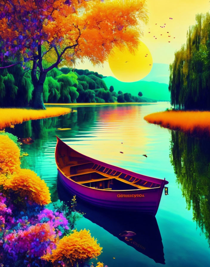 Tranquil river scene at sunset with moored boat & colorful foliage