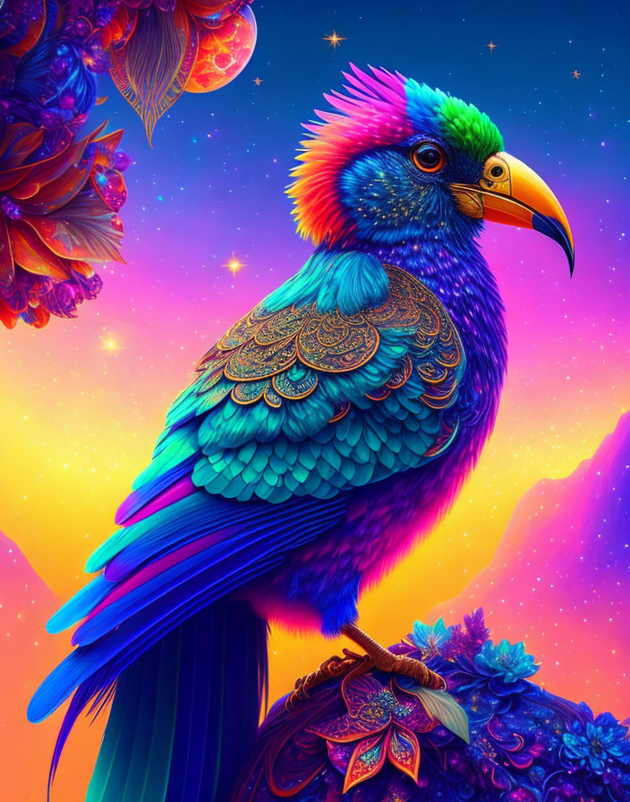 Colorful Fantasy Bird in Neon Cosmic Setting