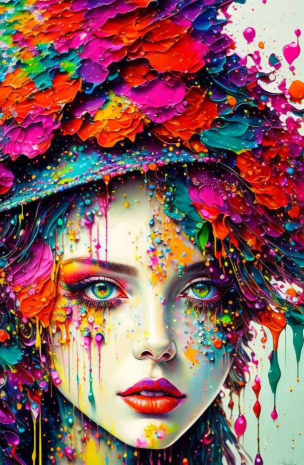 Colorful portrait of a woman with dynamic, dripping colors