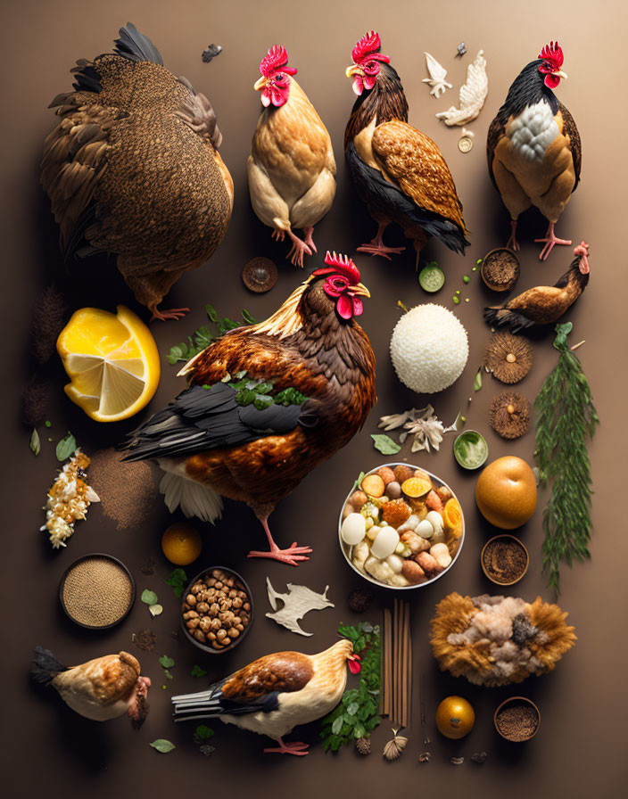 Assorted Chicken Breeds with Food Items on Brown Background