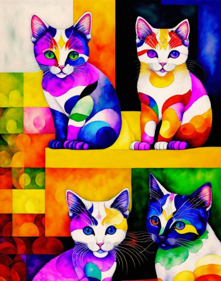 Colorful Digital Artwork: Four Multicolored Cats on Geometric Background