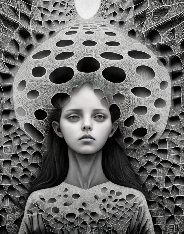 Monochrome digital artwork of female figure with mesmerizing eyes and intricate geometric patterns