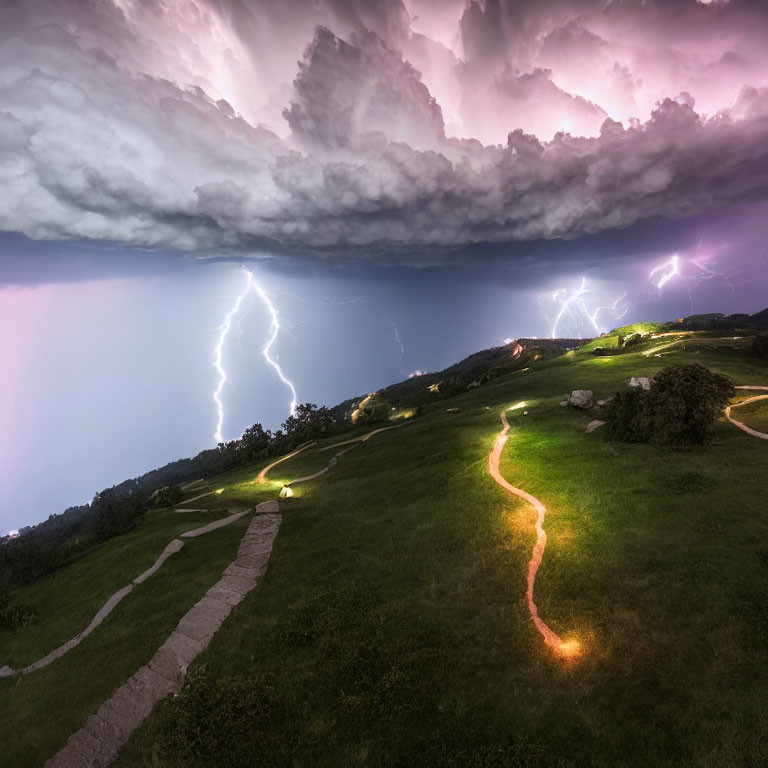 Dramatic thunderstorm with multiple lightning strikes over lush green hillside path at dusk