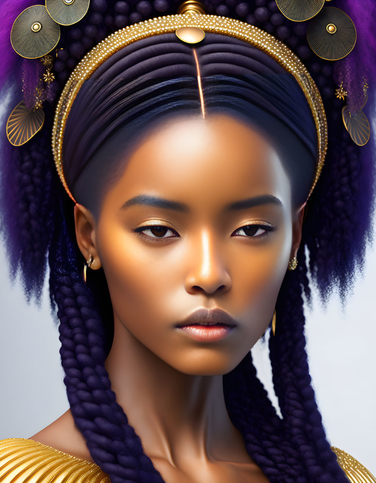 Portrait of Woman with Purple Braided Hair & Gold Jewelry on Violet Background