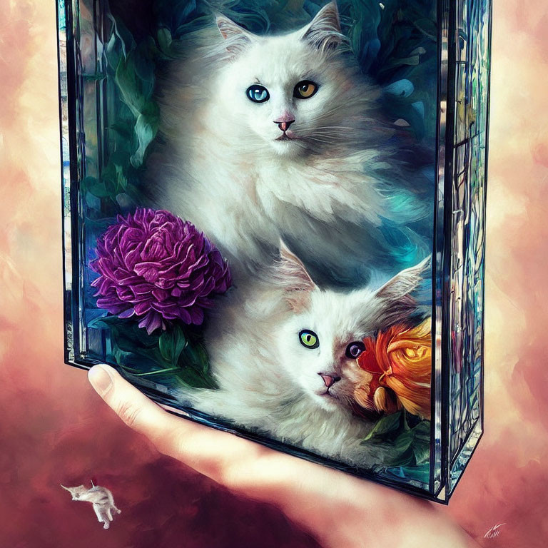 Hand holding mirror reflects one cat as two amidst vibrant flowers with contrasting eyes