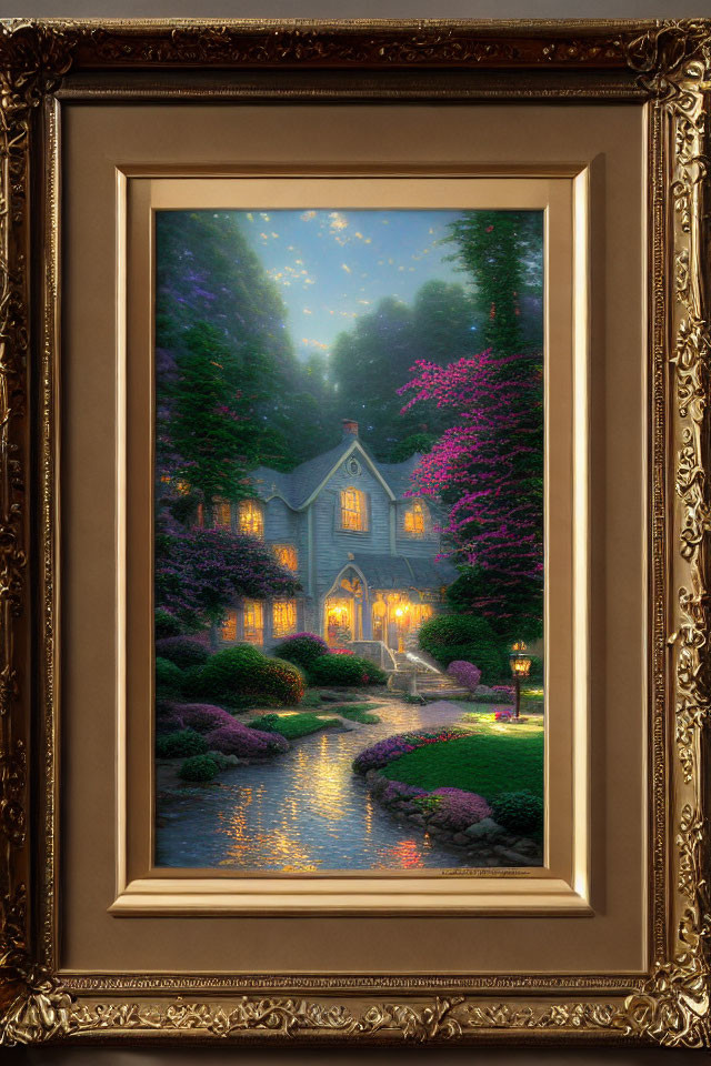 Detailed Painting of Cozy Cottage at Twilight