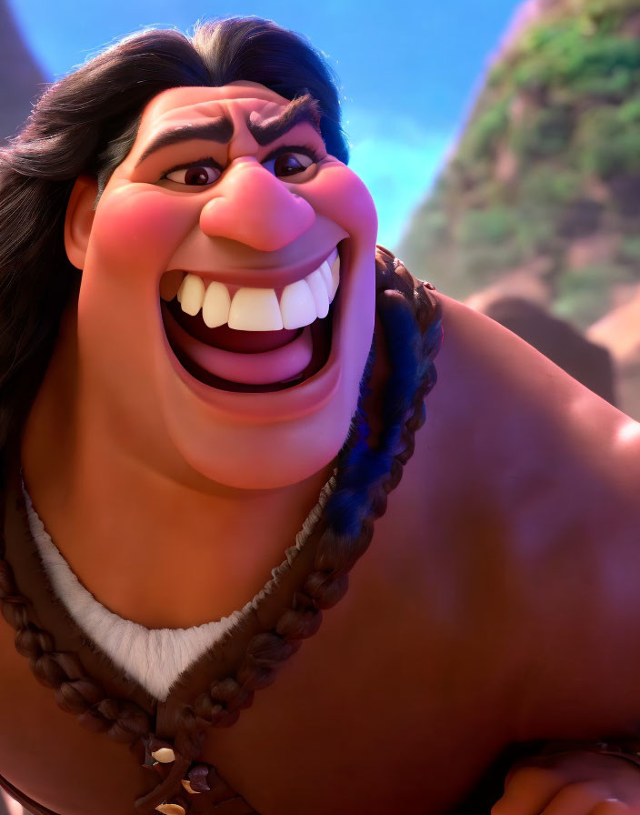 Smiling animated character with black hair, tan skin, and bone necklace