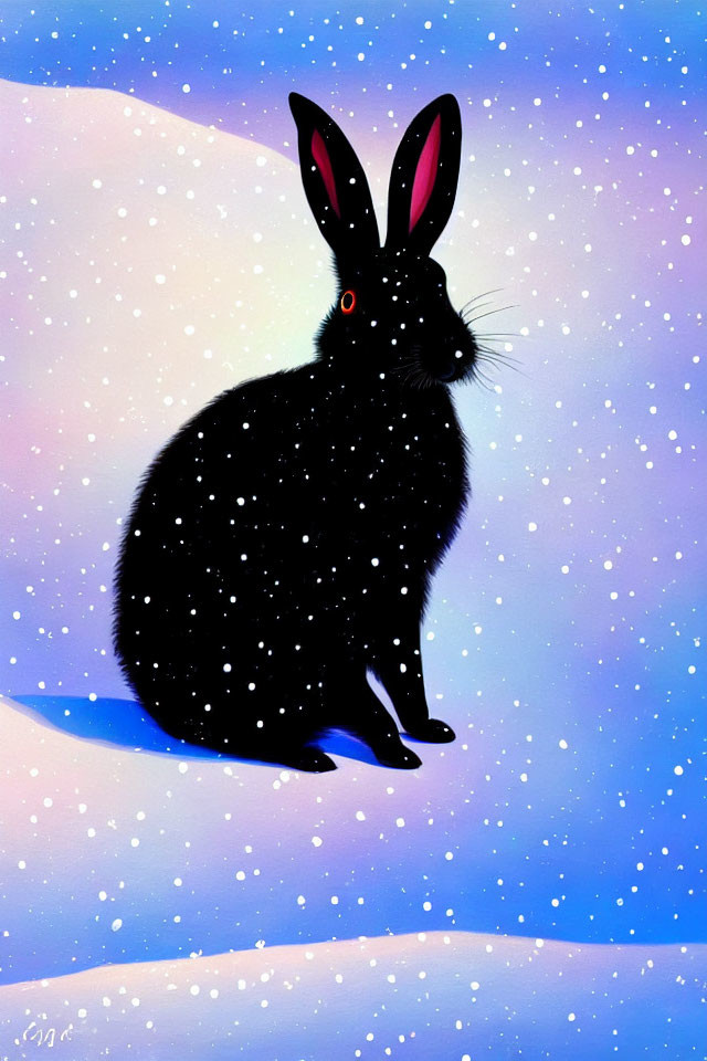 Stylized black rabbit with cosmic texture on blue and pink backdrop