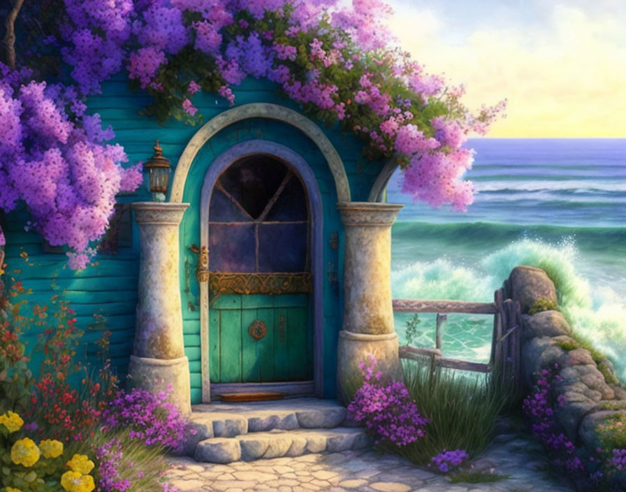 Tranquil Coastal Scene: Blue Cottage, Teal Door, Purple Flowers, Dusk