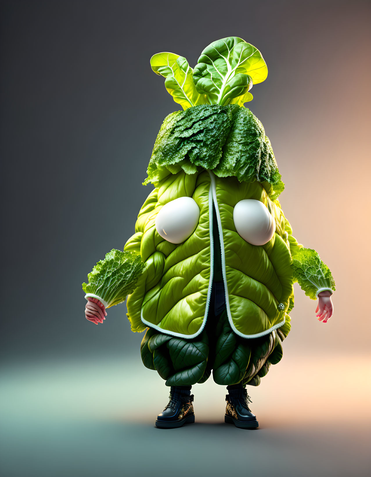 Anthropomorphic figure with green leafy vegetables and white eyes on gradient background