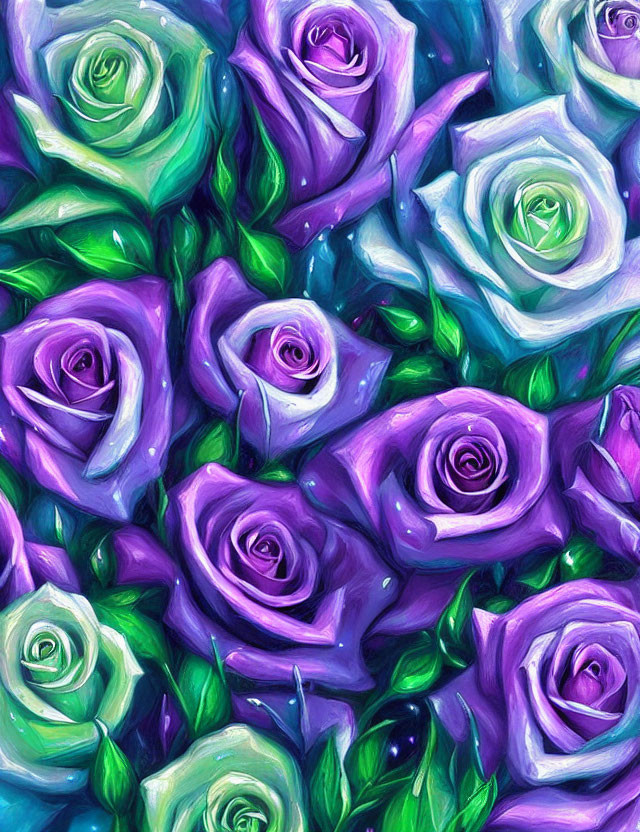 Colorful painting of purple and white roses with swirling, impressionistic style