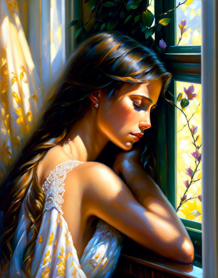 Long-haired woman gazes out sunlit window with flowers, looking pensive.