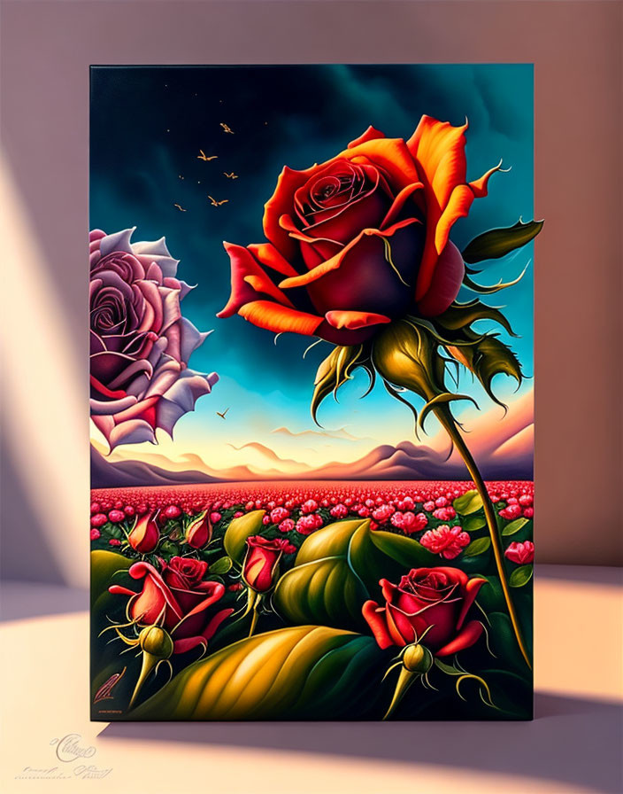 Colorful painting of red rose in starry sky with birds and flowers in peaceful dusk scene