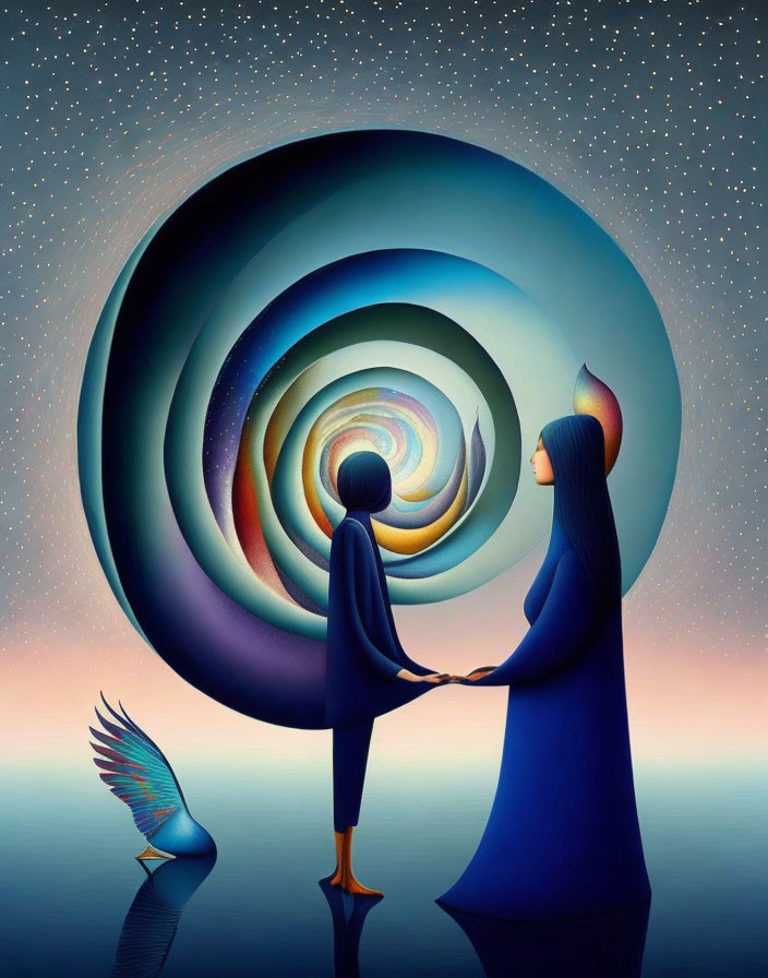 Stylized figures holding hands near colorful spiral portal on starry sky and ocean horizon