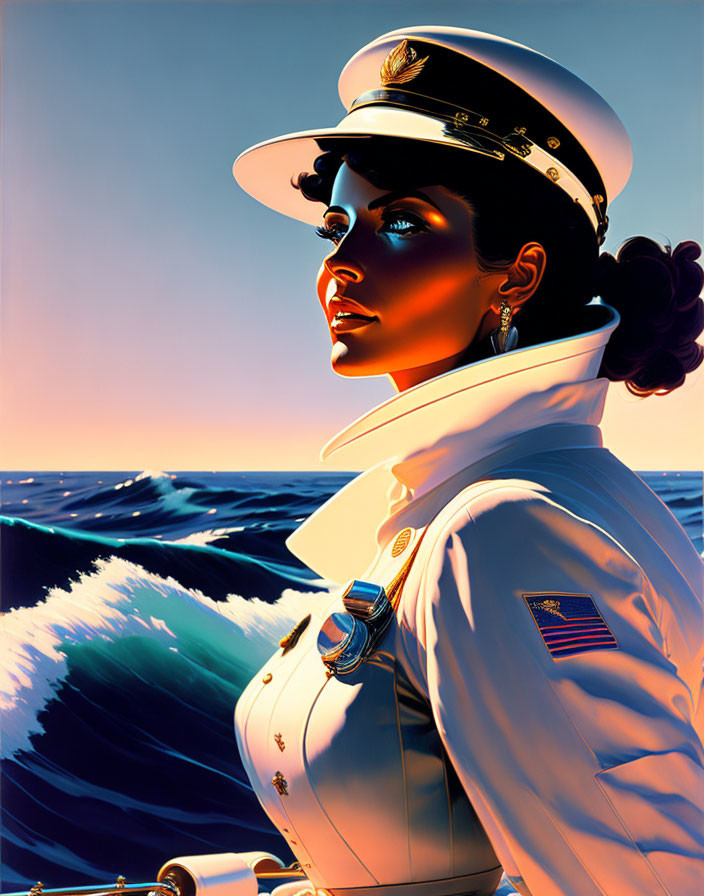 Stylized illustration of woman in white naval uniform with ocean sunset.