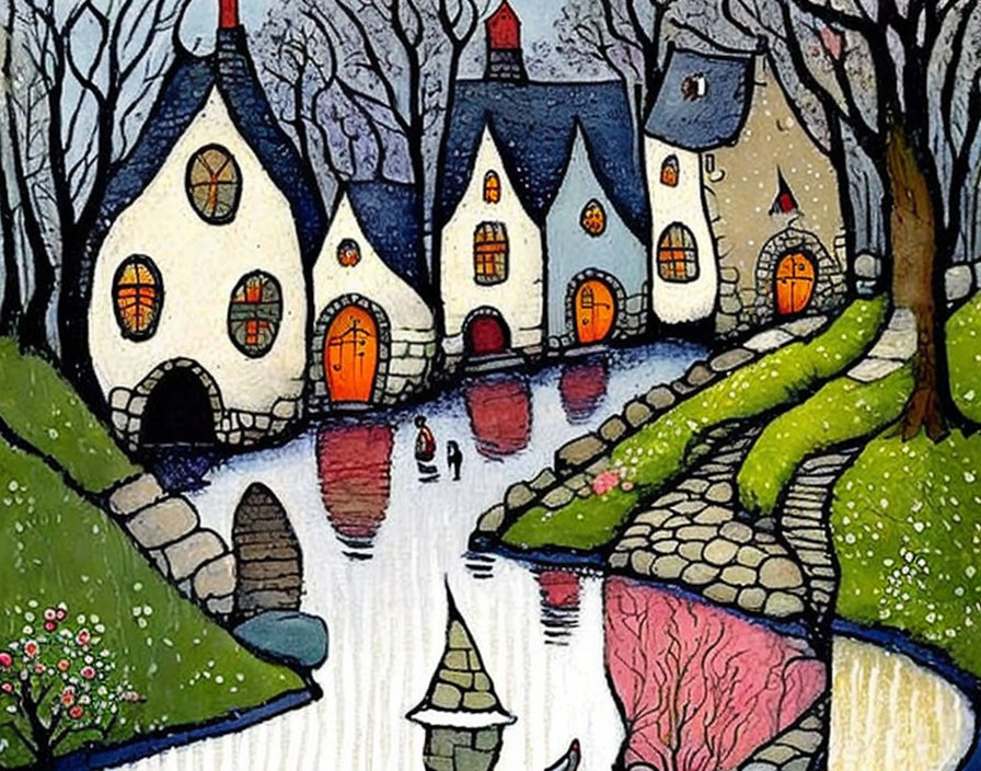 Whimsical painting of storybook cottages in a magical village