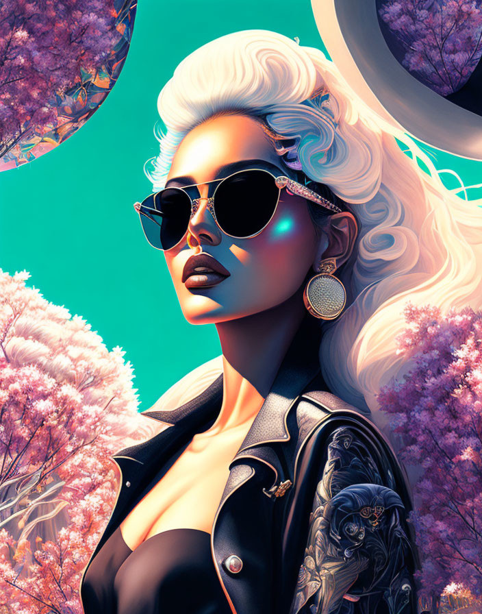 Stylized digital illustration of woman with white hair and sunglasses