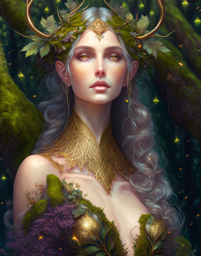 Ethereal figure with antlers and golden diadem in forest setting