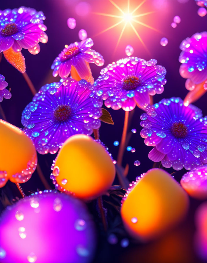 Vibrant Purple Flowers with Dewdrops and Smooth Pebbles on Dark Blue Background