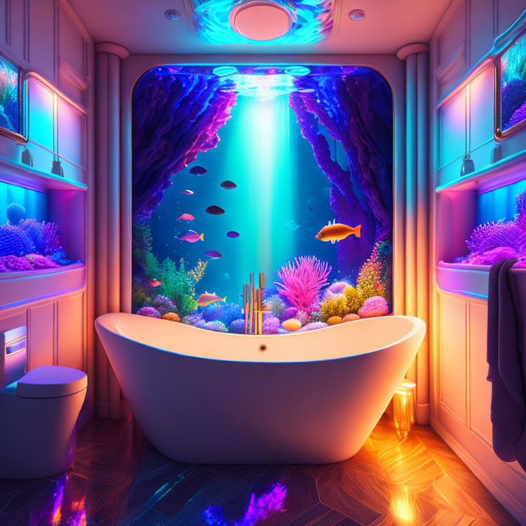 Colorful Underwater Ocean View Bathroom with White Bathtub