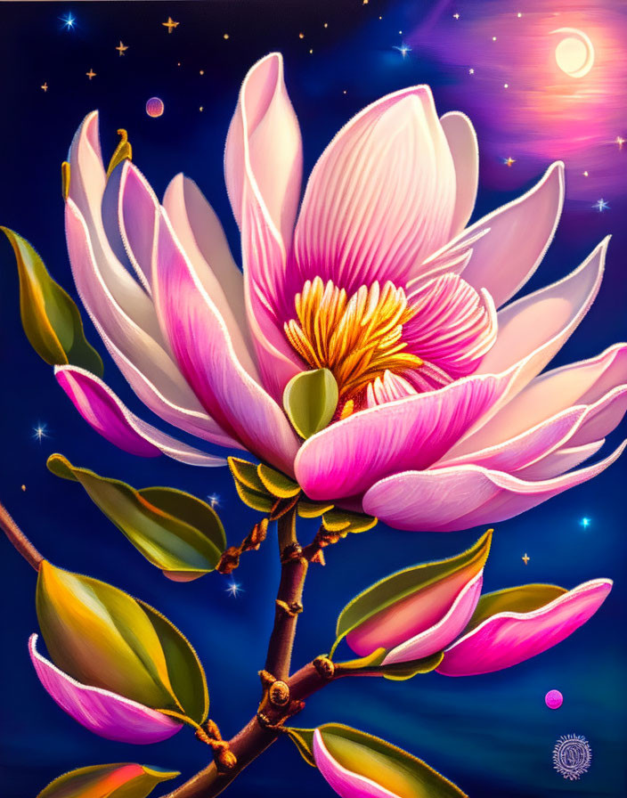 Vibrant pink magnolia flower against starry night sky