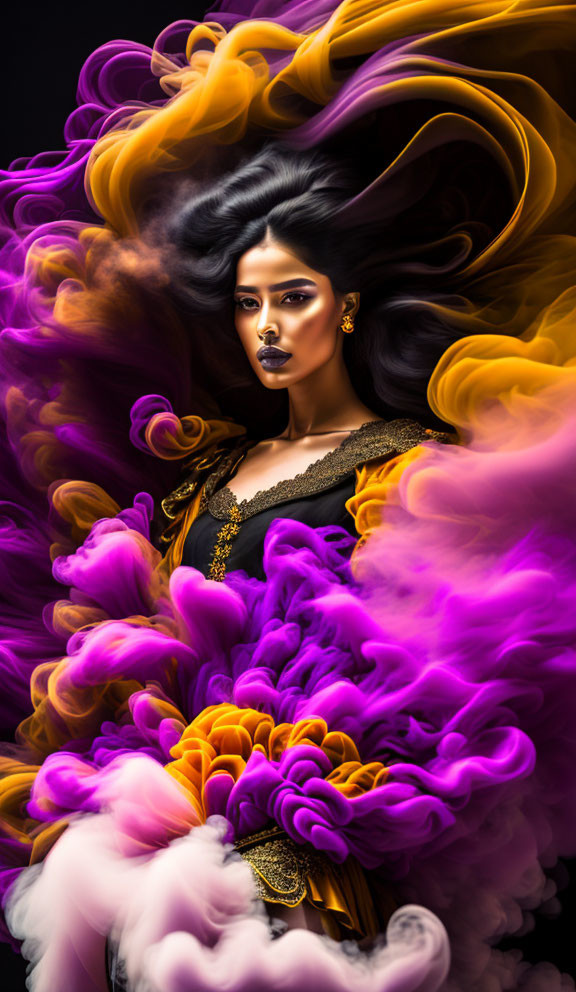 Woman with flowing hair surrounded by vibrant purple and gold swirls