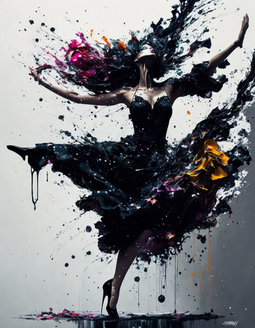 Woman in Black Dress Dancing Creates Colorful Paint Splashes