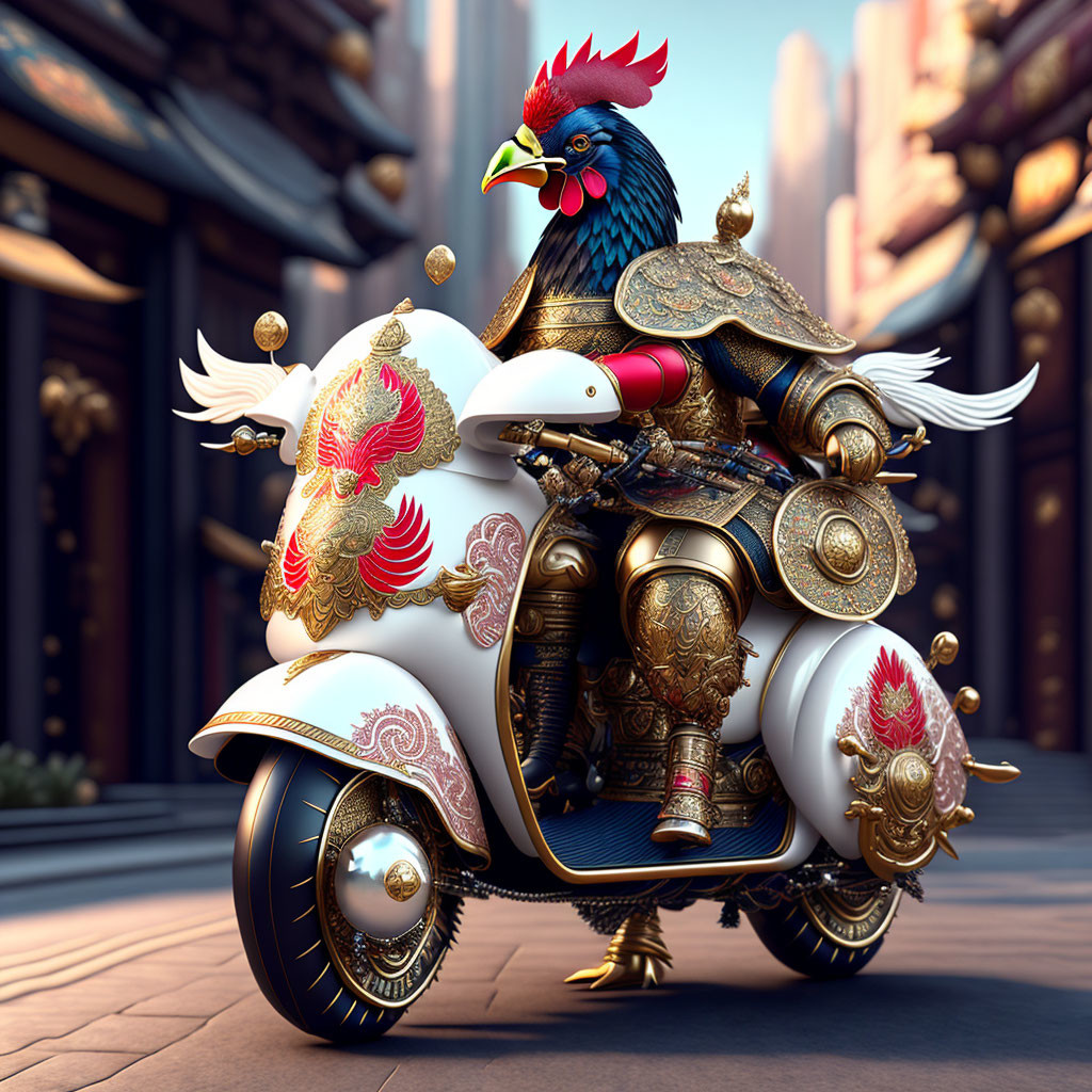 Rooster-themed armored warrior on ornate scooter in Asian street