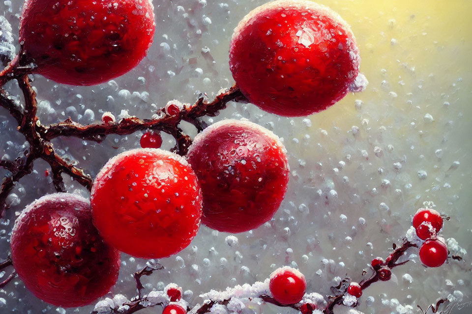 Branch with red berries and water droplets on blurry background.