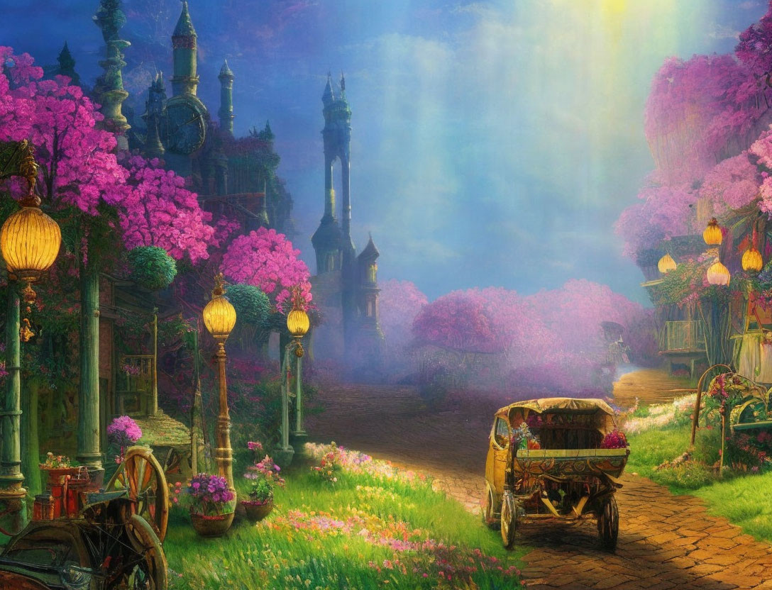 Fantasy scene with lush purple foliage, cobblestone path, old-fashioned cart, and ornate