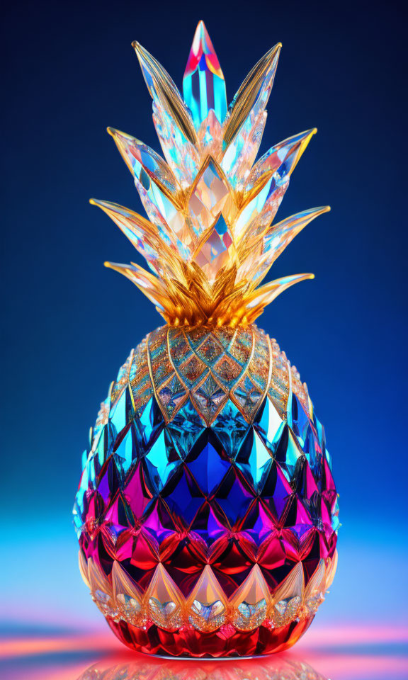 Crystal Pineapple Figurine: Blue to Gold Gradient Design on Blue Background