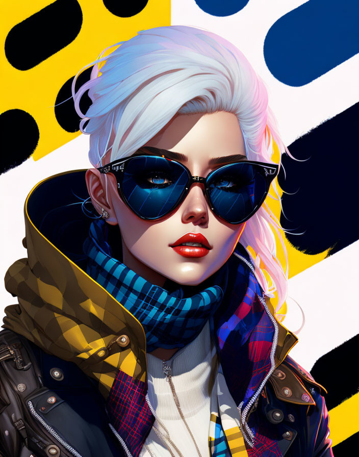 Digital illustration: Woman with white hair, sunglasses, checkered scarf, leather jacket on yellow-black background