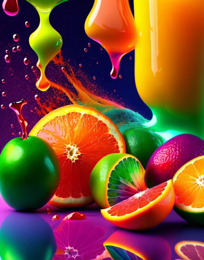 Colorful Fruit with Dynamic Liquid Splashes on Dark Background