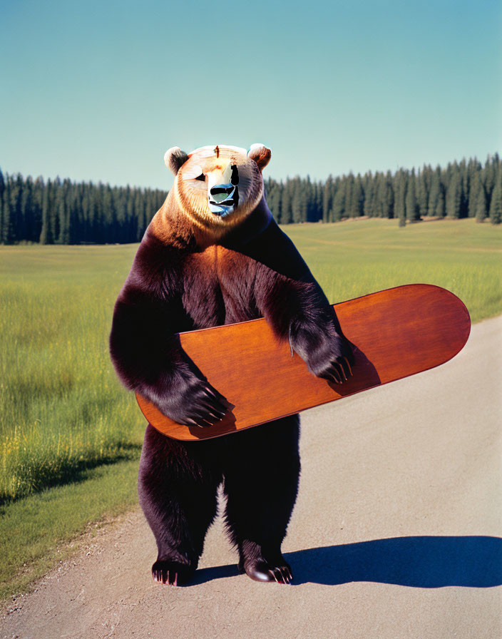 Realistic Bear with Nurse's Cap Skateboarding in Forest Scene