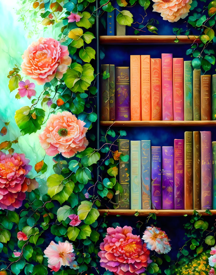 Colorful books on vibrant bookshelf with green vines and blooming flowers