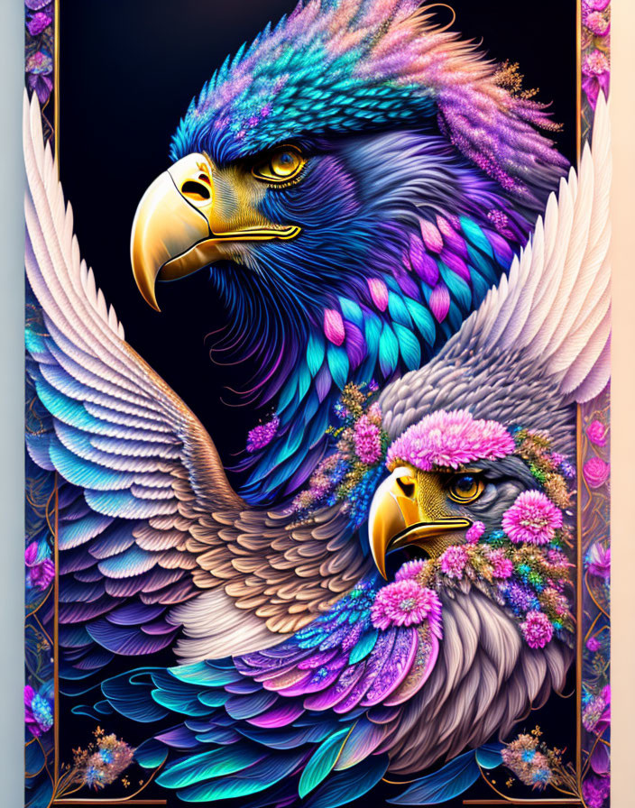 Colorful digital artwork of two eagles with floral elements on dark background