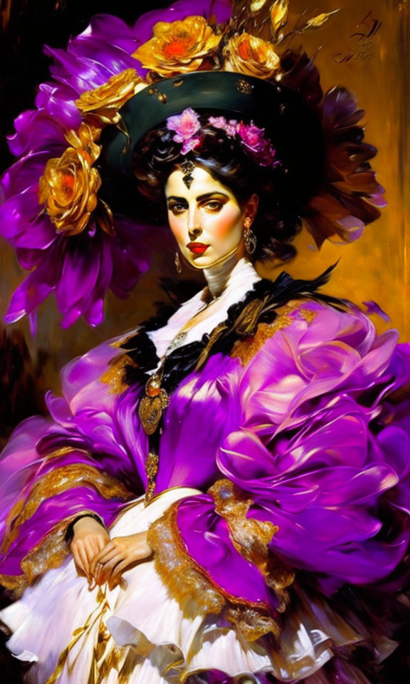 Portrait of Woman in Vibrant Purple Dress and Ornate Hat on Golden Background