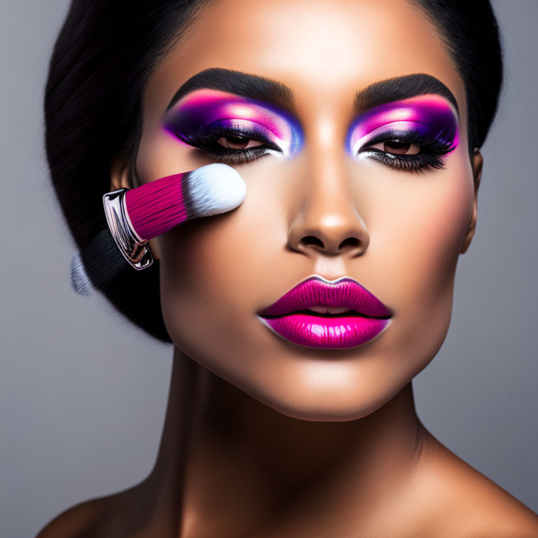 Bold Purple Eyeshadow and Lipstick Makeup Application on Woman's Flawless Skin