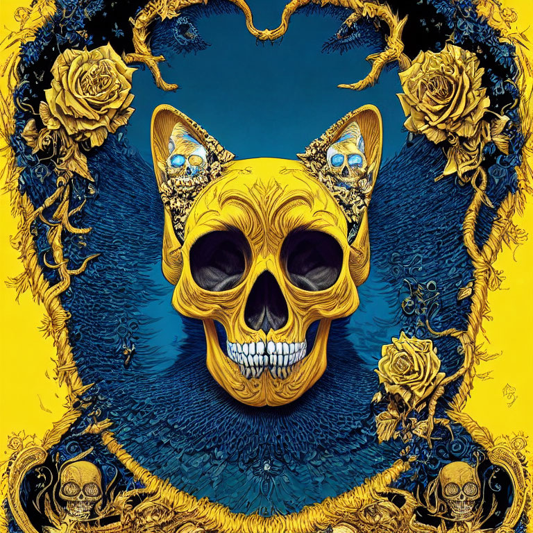 Golden skull with jeweled eyes on deep blue backdrop with gold floral patterns