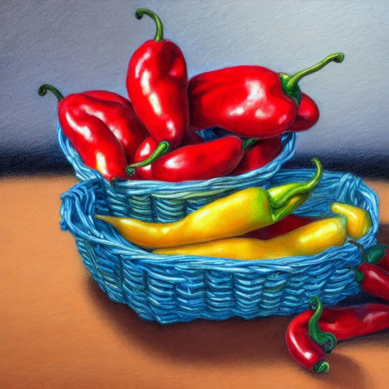 Colorful Drawing of Red and Yellow Chili Peppers in Blue Basket