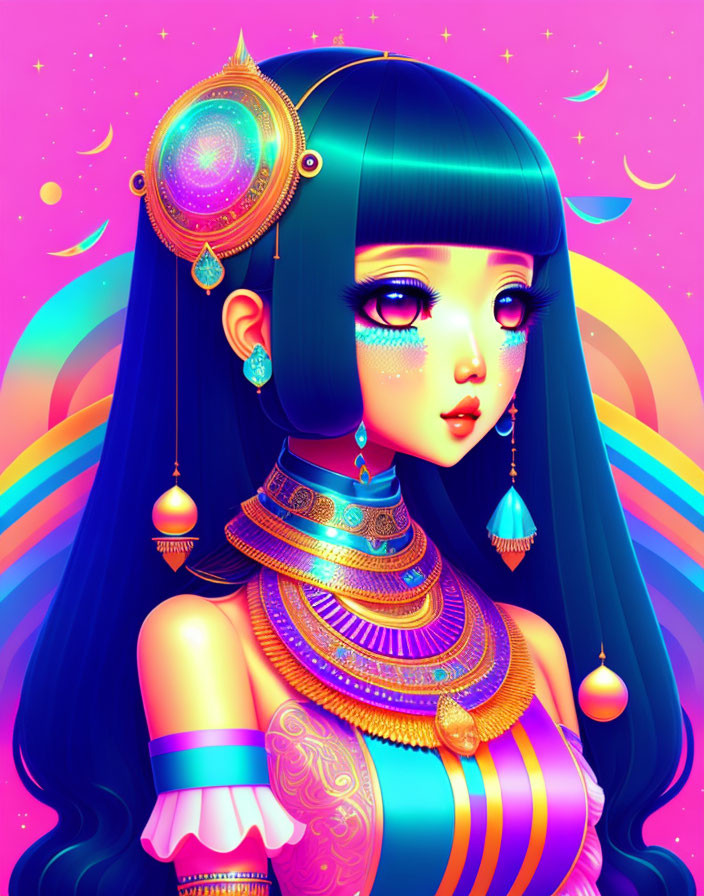 Colorful cosmic background with stylized female figure and golden jewelry