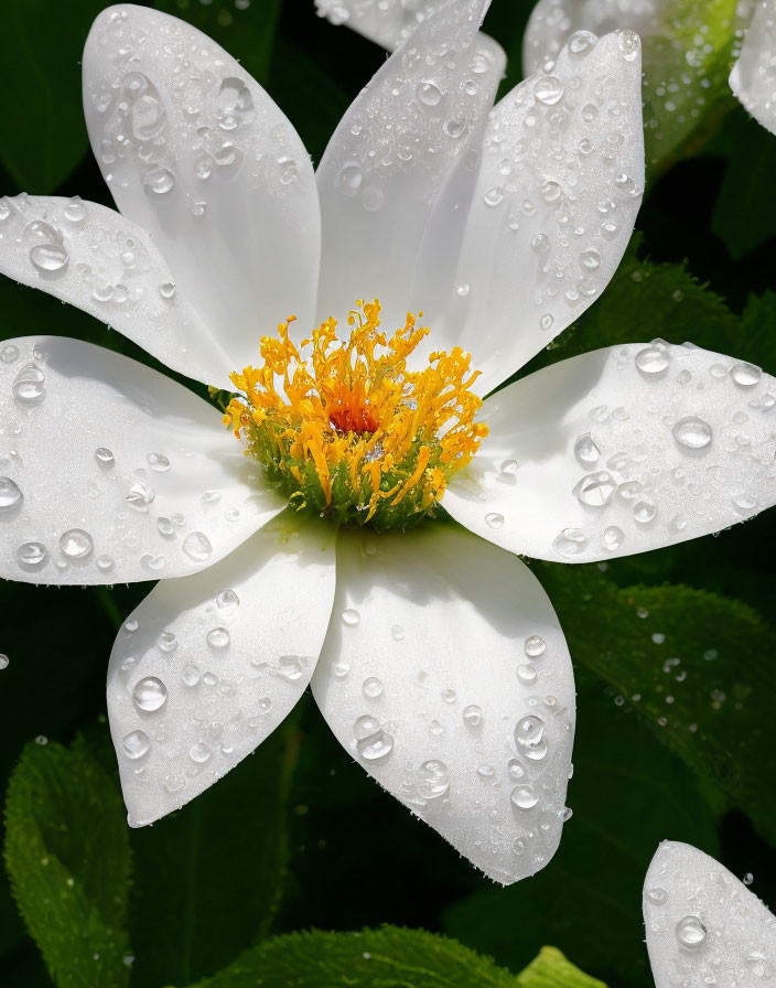 White Flower with Dewdrops and Vibrant Yellow and Orange Center