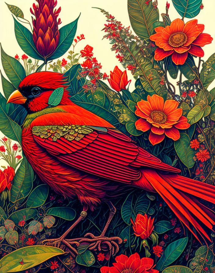 Detailed Illustration: Red Cardinal Bird on Branch in Floral Setting