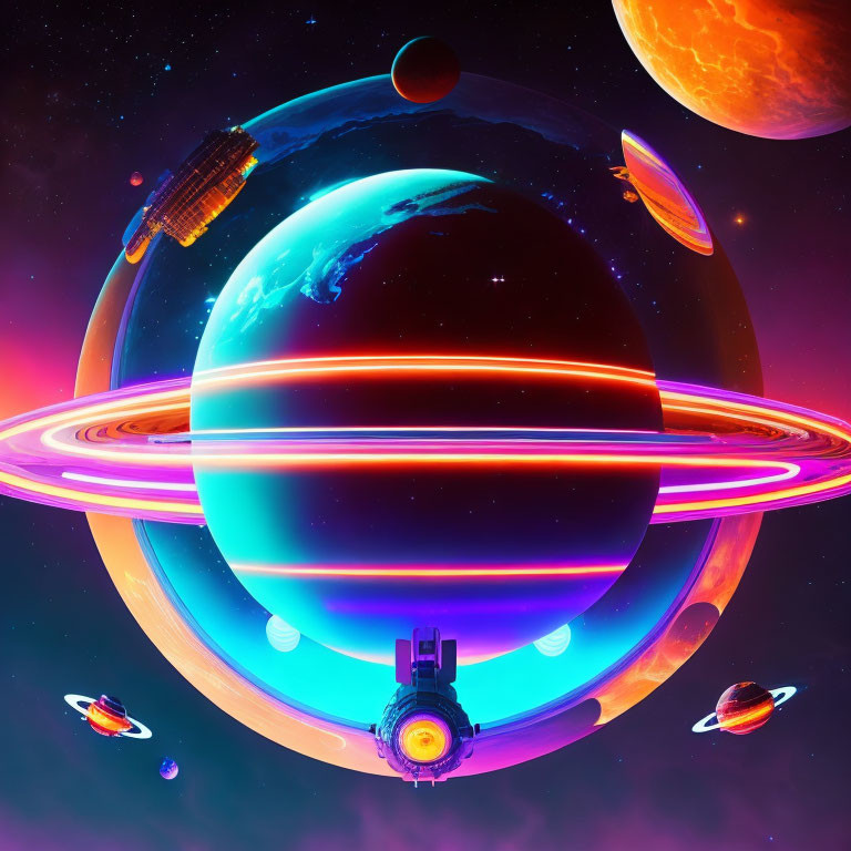 Colorful cosmic scene with planet, rings, moons, and spaceships in nebula sky