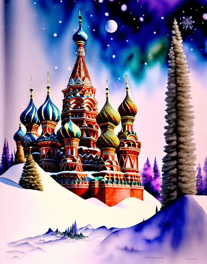 Colorful St. Basil's Cathedral illustration with onion domes in wintry scene