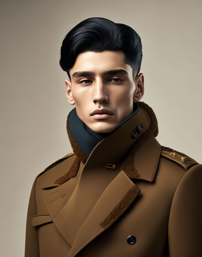 Man with Sleek Black Hair in Elegant Brown Coat Illustration